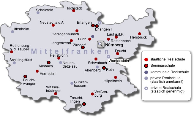 Karte von Mittelfranken mit allen Schulorten