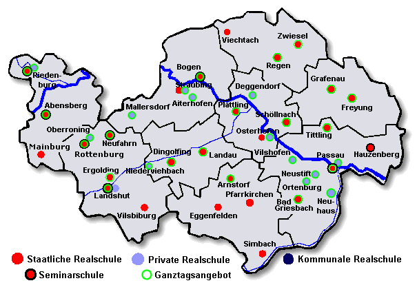 Karte von Niederbayern mit allen Schulorten