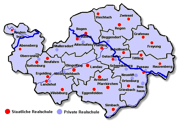 Karte von Niederbayern mit allen Schulorten