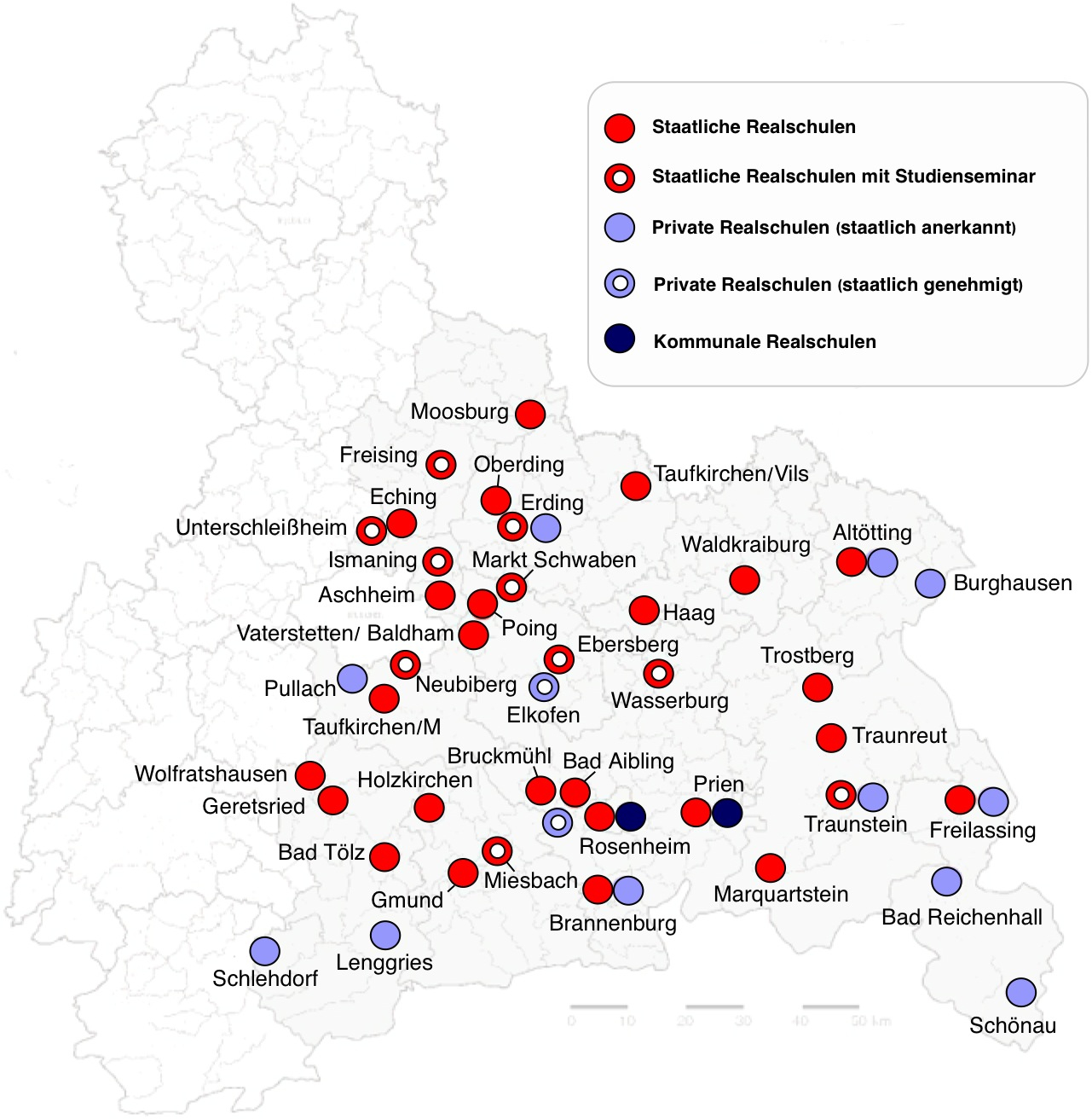 Karte von Oberbayern-Ost mit allen Schulorten
