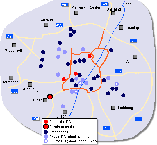 Karte von München mit allen Schulen