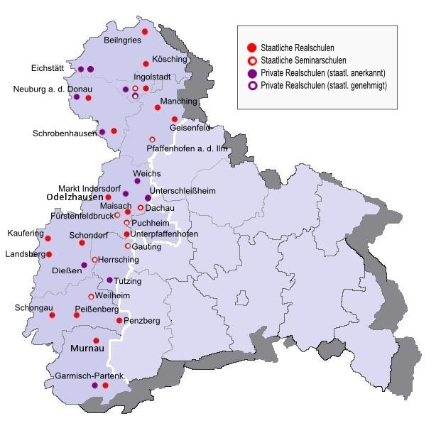 Karte von Oberbayern-West mit allen Schulorten