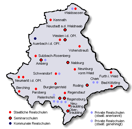 Karte von der Oberpfalz mit allen Schulorten