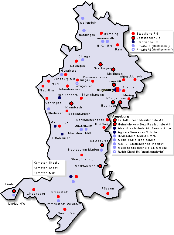 Karte von Schwaben mit allen Schulorten