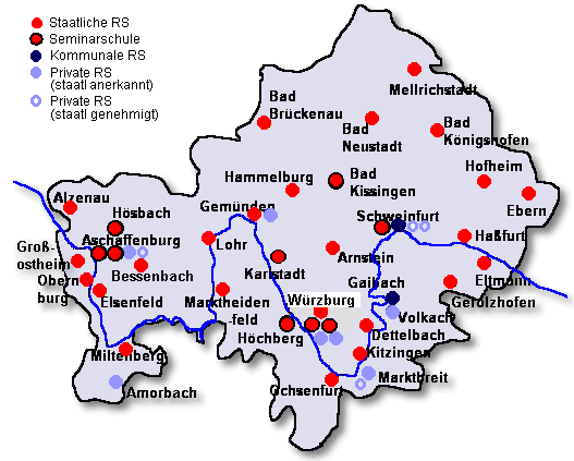 Karte von Unterfranken mit allen Schulorten